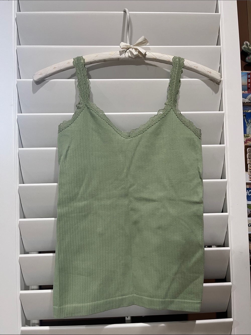 Lace-Trim Ribbed Cami Tank Top - Sage Green